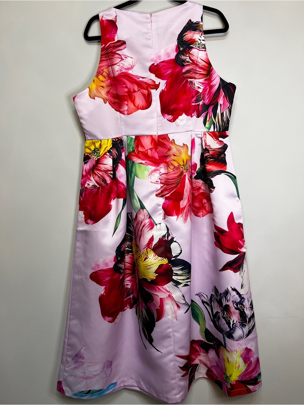 Pink Floral A-Line Dress with Red and Green Blooms - Picture 6 of 14